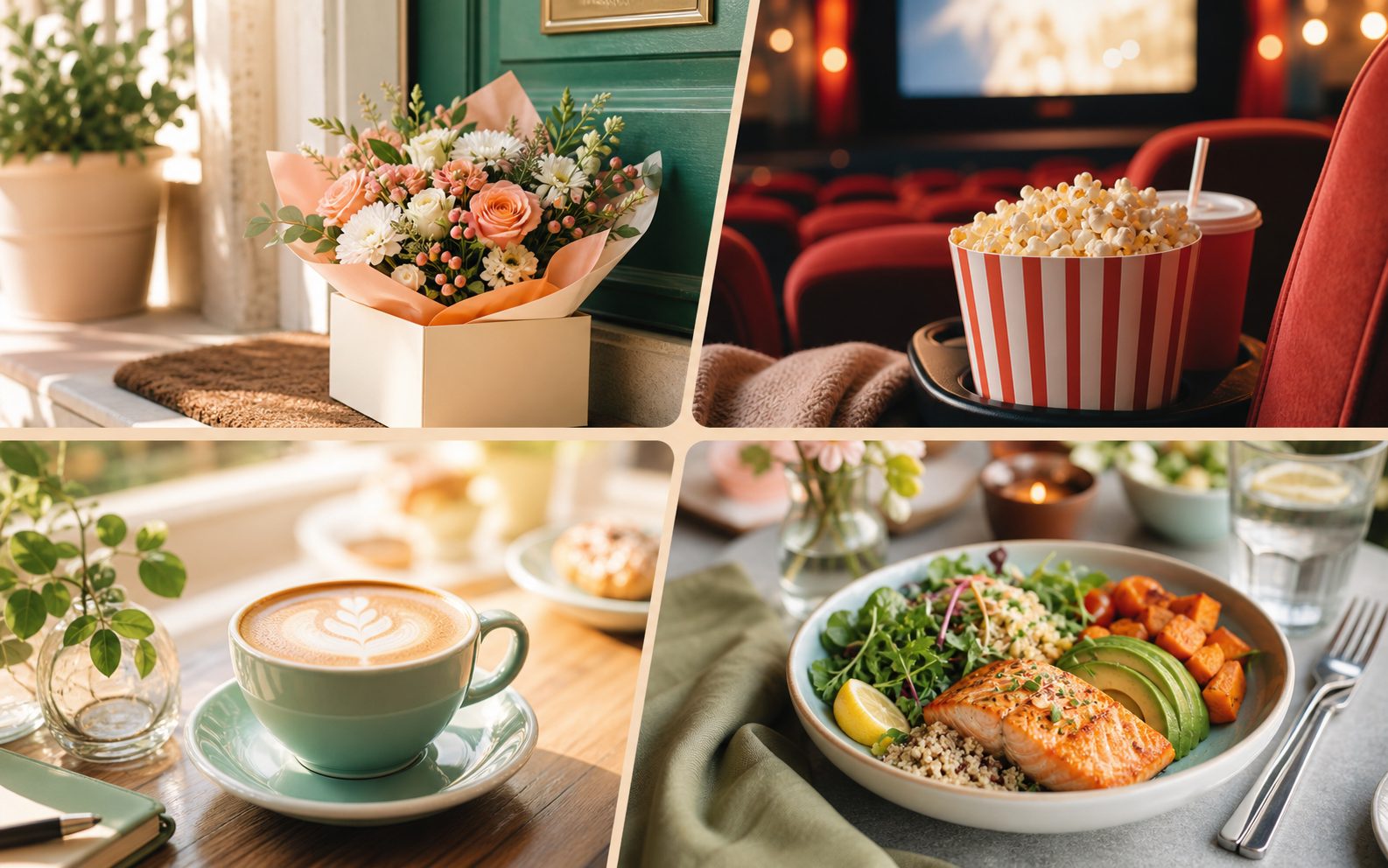 Reward examples including flowers, cinema, coffee, and a restaurant meal